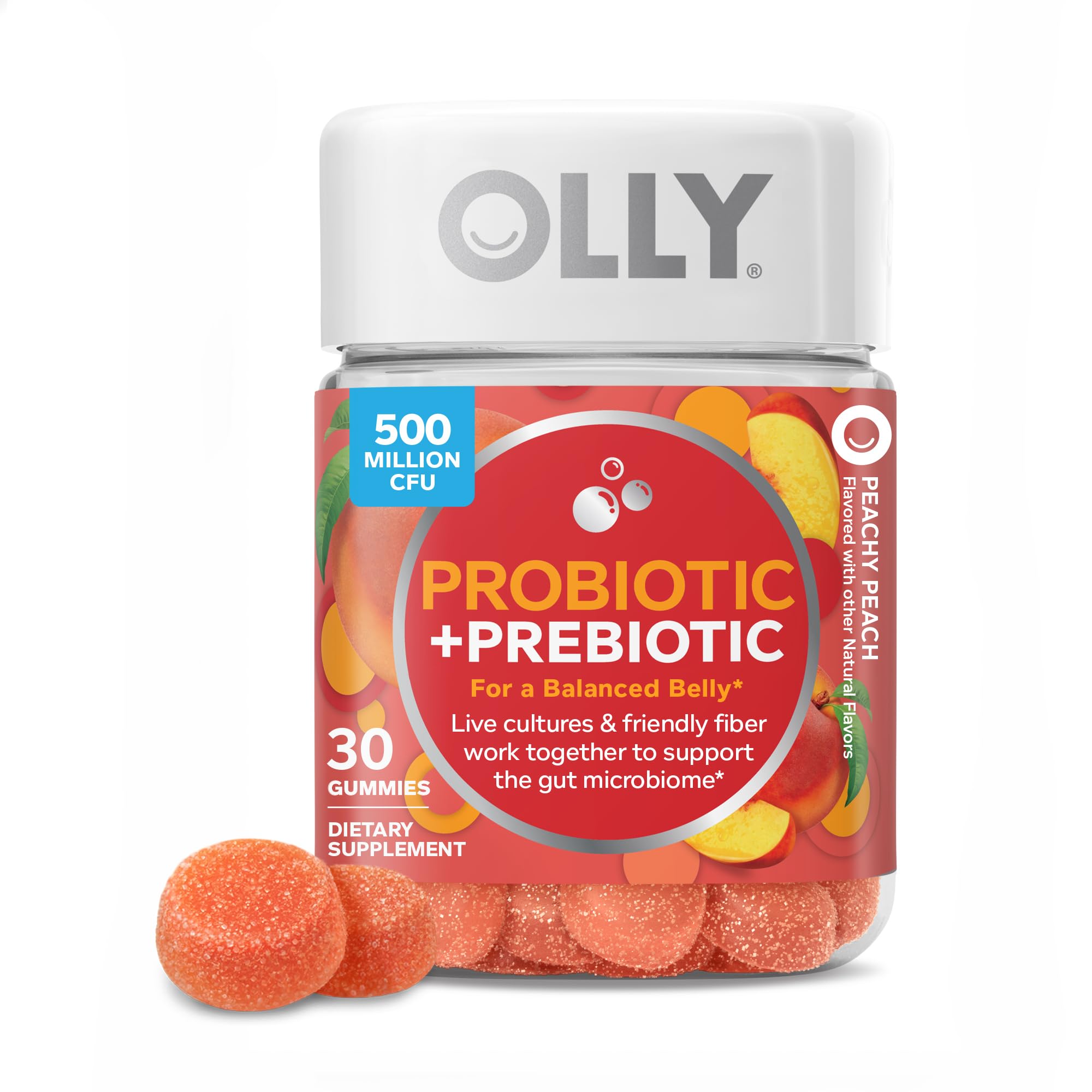 OLLY frasco frontal Peachy Peach muestra dosis diaria y beneficio digestivo