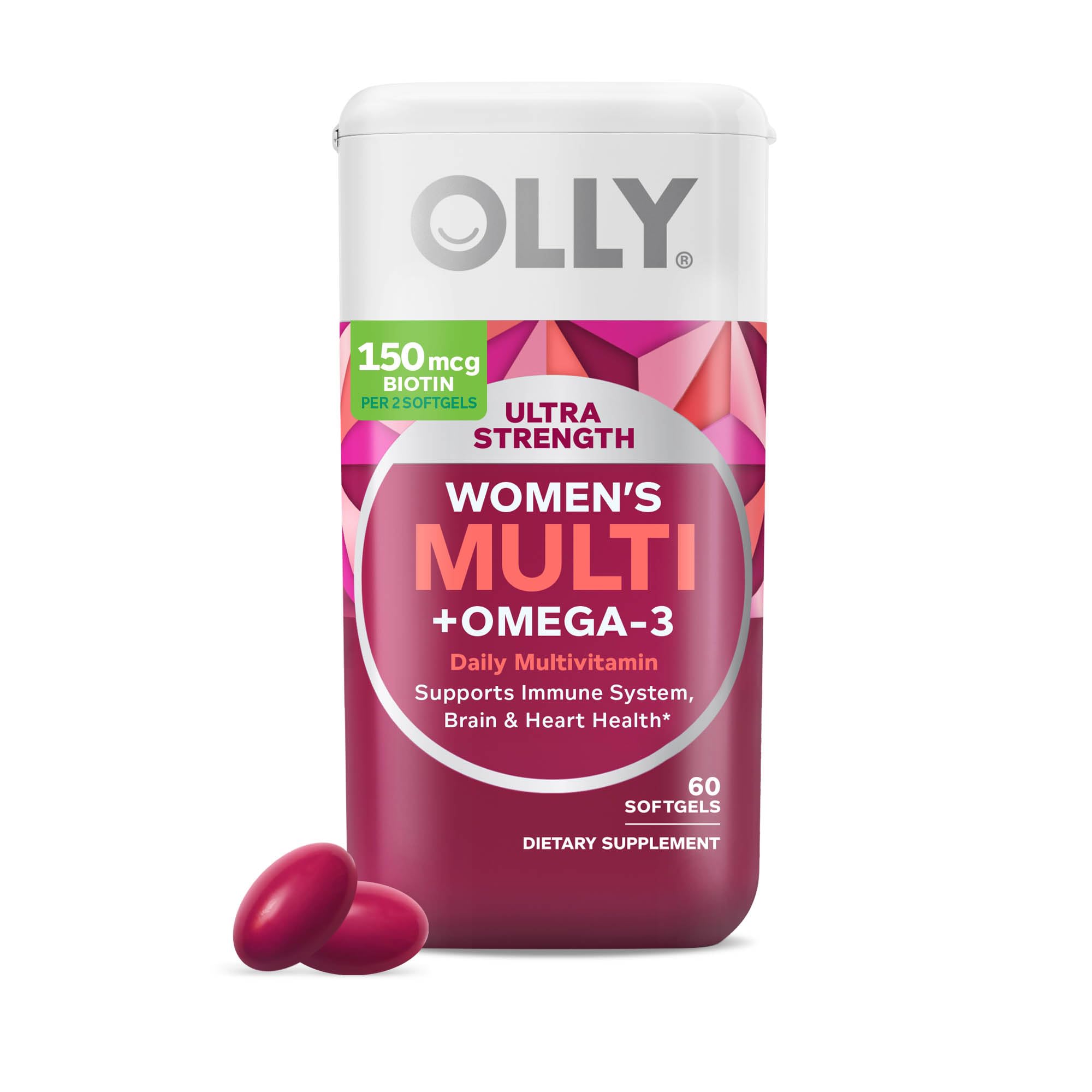 OLLY frasco frontal mostrando 60 softgels y beneficios diarios
