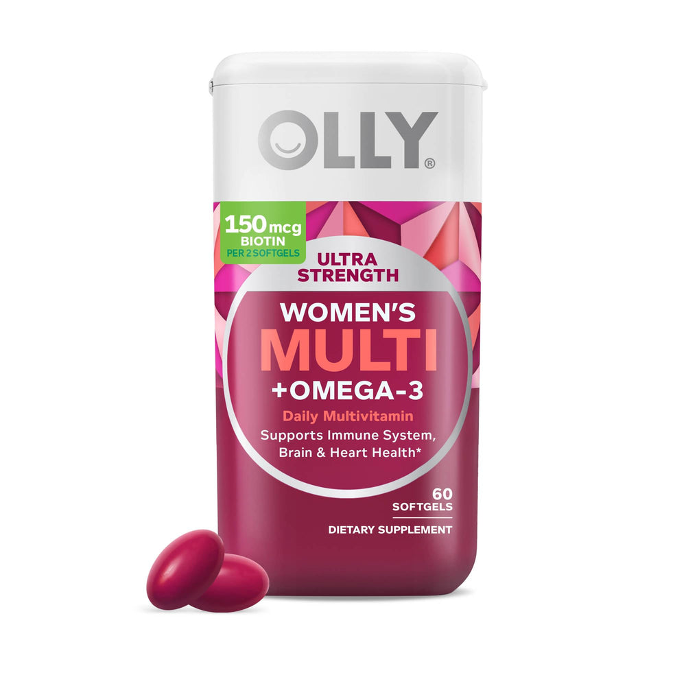 OLLY frasco frontal mostrando 60 softgels y beneficios diarios