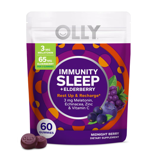 OLLY frasco frontal Immunity Sleep mostrando etiqueta clara y beneficios