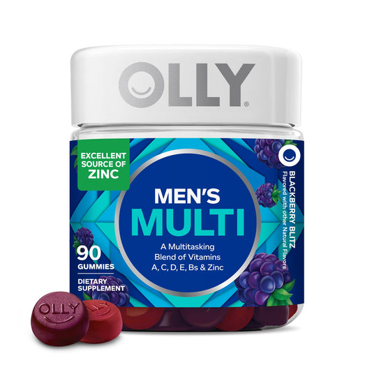 OLLY envase frontal del multivitamínico para hombres muestra diseño y beneficios