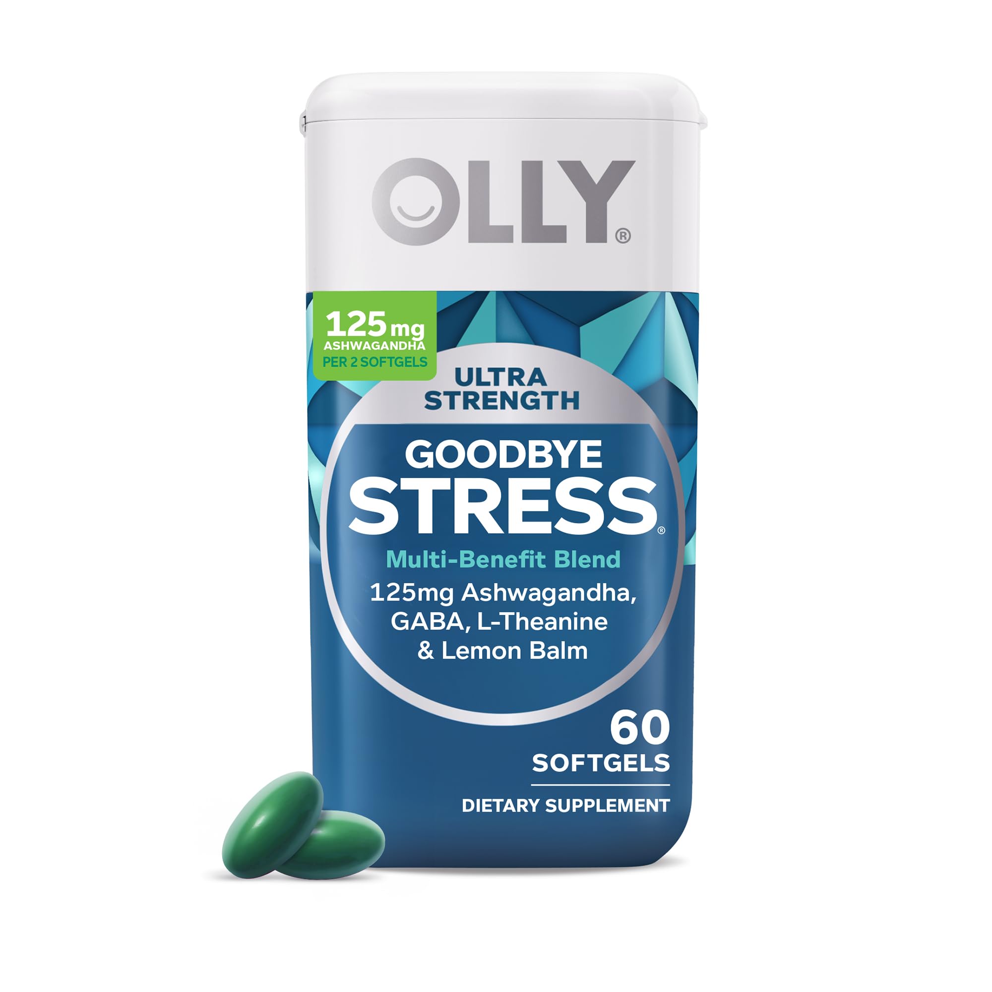 Botella OLLY Goodbye Stress frontal mostrando 60 softgels y beneficio de calma