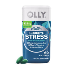 Botella OLLY Goodbye Stress frontal mostrando 60 softgels y beneficio de calma