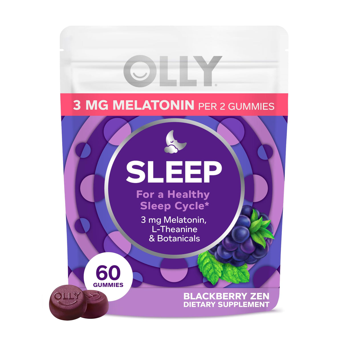 OLLY empaque frontal mostrando 60 gomitas y beneficios visibles