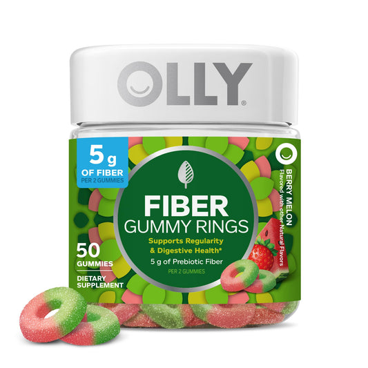 OLLY envase frontal mostrando gomitas y beneficios de fibra