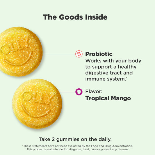 OLLY primer plano textura de gomita mango que muestra suavidad y sabor