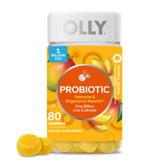 OLLY frontal del envase mostrando 80 gomitas y beneficio de soporte digestivo