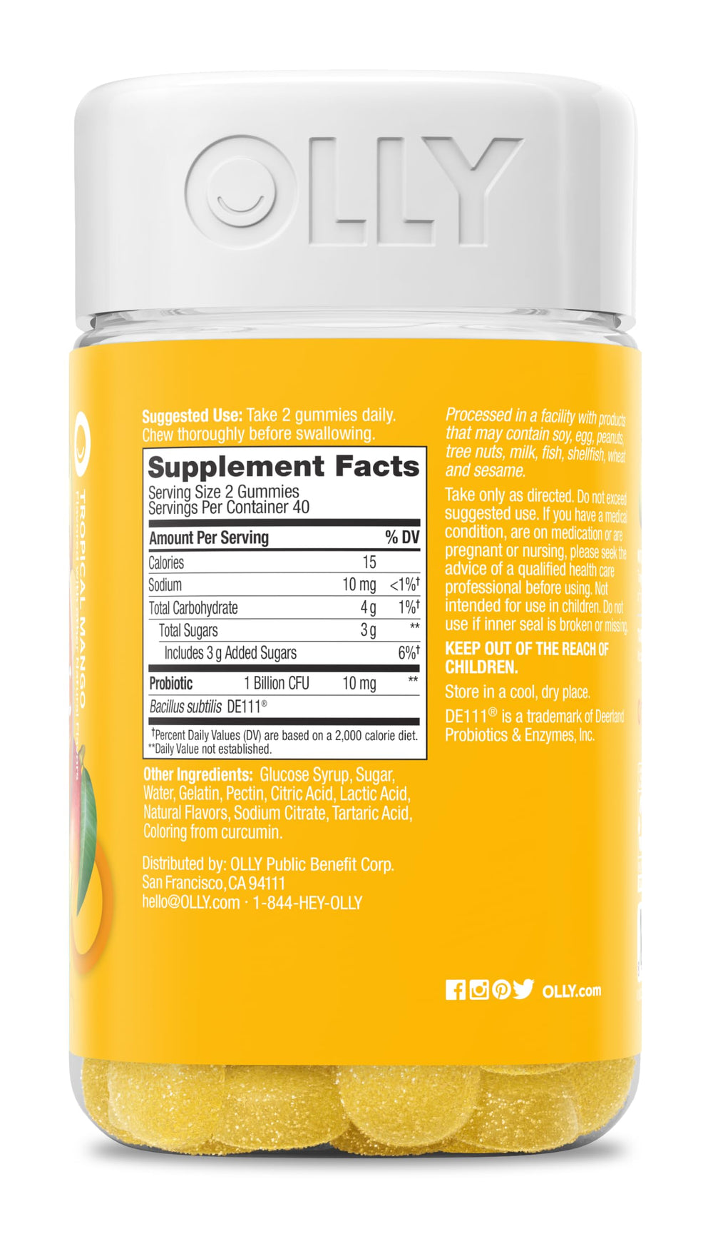 OLLY mango e ingredientes naturales ilustrando sabor tropical agradable