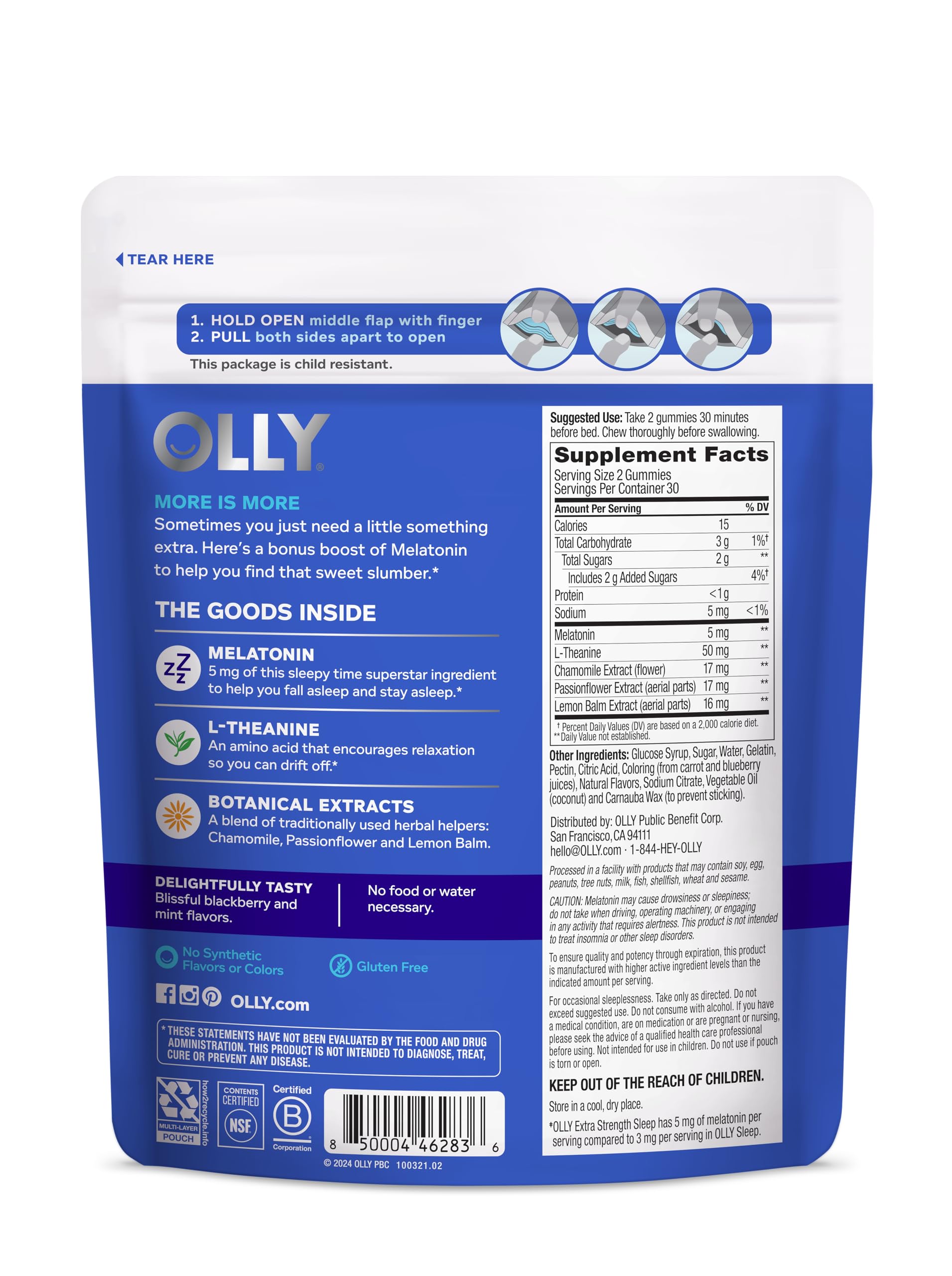 Primer plano instrucciones OLLY Extra Strength Sleep con modo de uso
