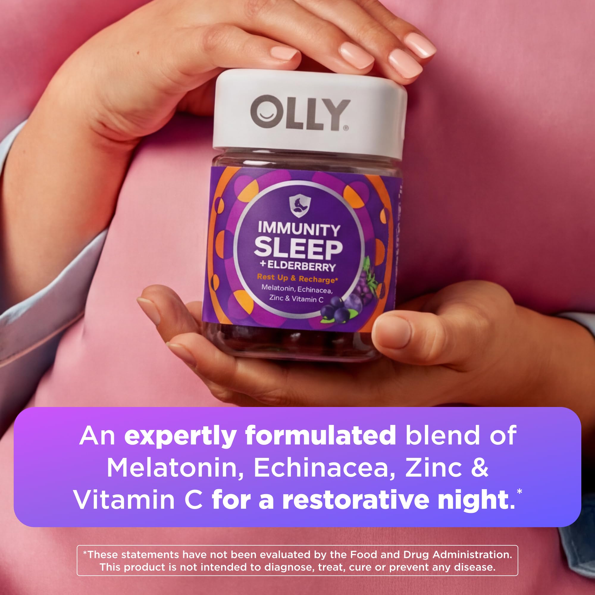 OLLY ingredientes saúco, vitamina C y zinc ilustrados para apoyo inmunológico