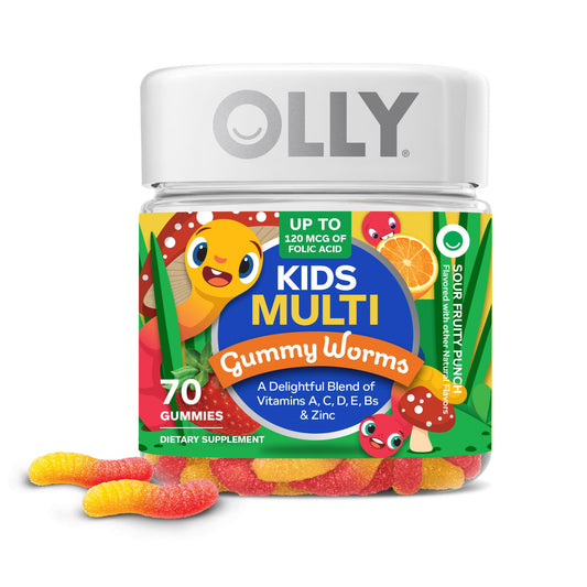 OLLY frasco frontal mostrando 70 gomitas y etiqueta clara para elección familiar