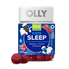 OLLY frasco frontal de Kids Sleep mostrando etiqueta y sabor frambuesa
