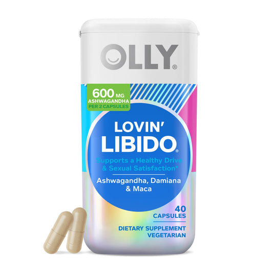 OLLY frasco Lovin' Libido vista frontal mostrando etiqueta clara y beneficios