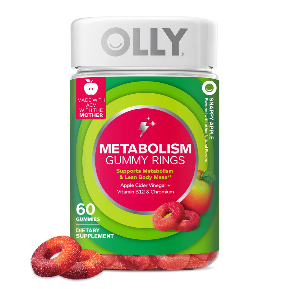 OLLY frasco frontal de Metabolism Gummy Rings que muestra diseño y beneficio práctico
