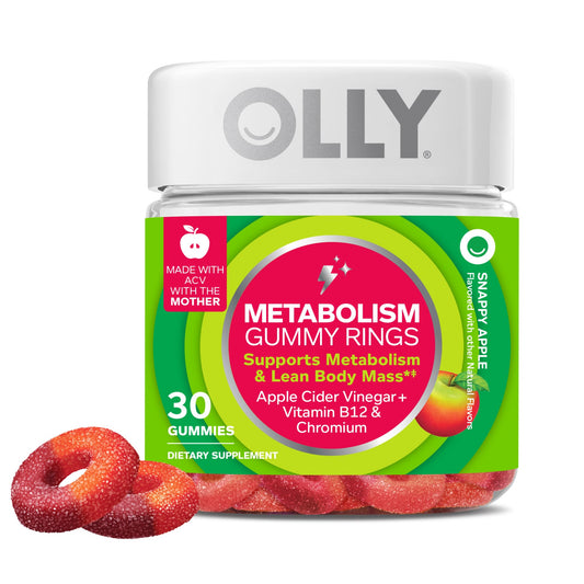 Envase frontal de OLLY Metabolism Gummy Rings mostrando la marca y beneficios