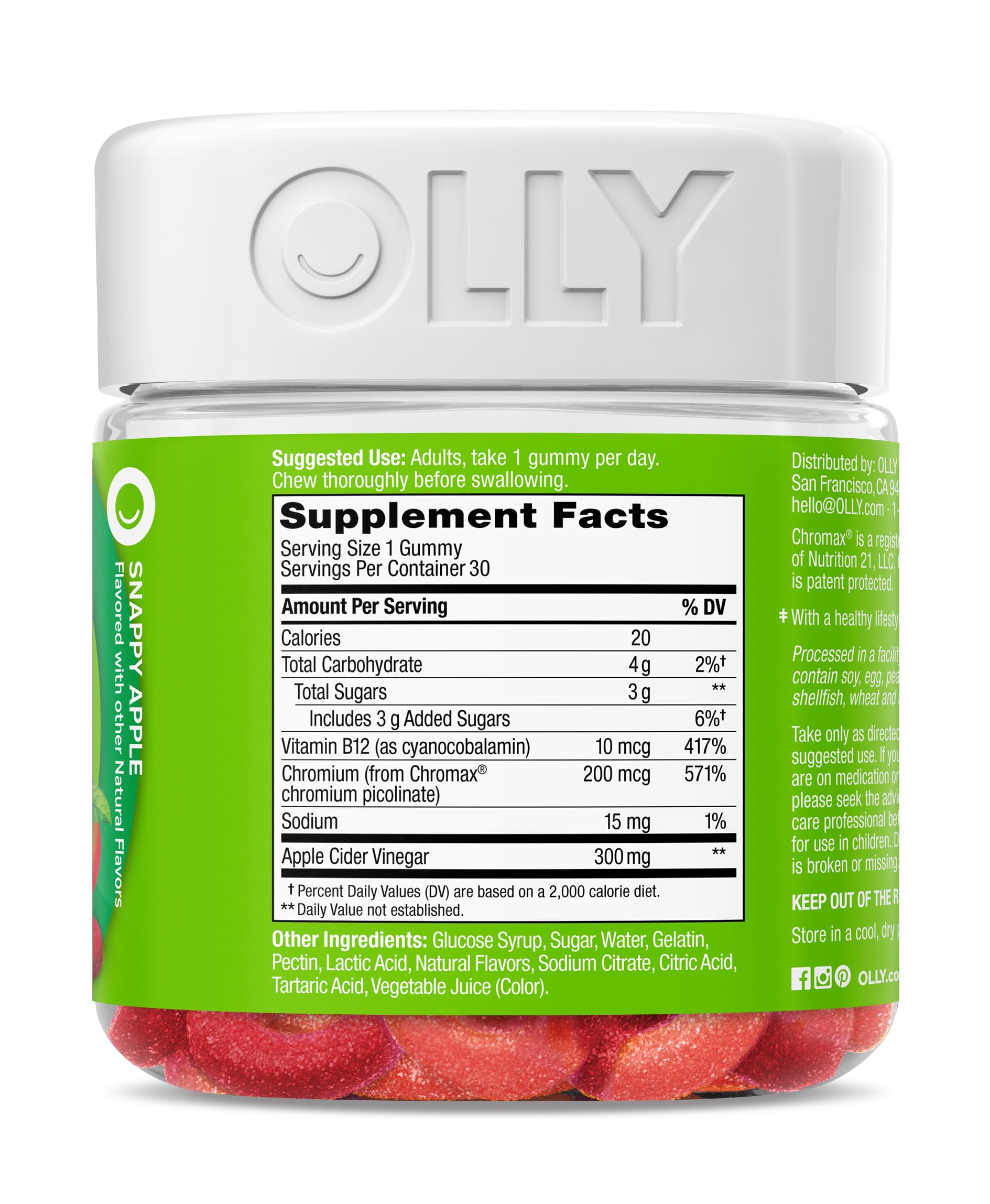 Gomitas OLLY Metabolism al lado de una manzana fresca destacando sabor apple