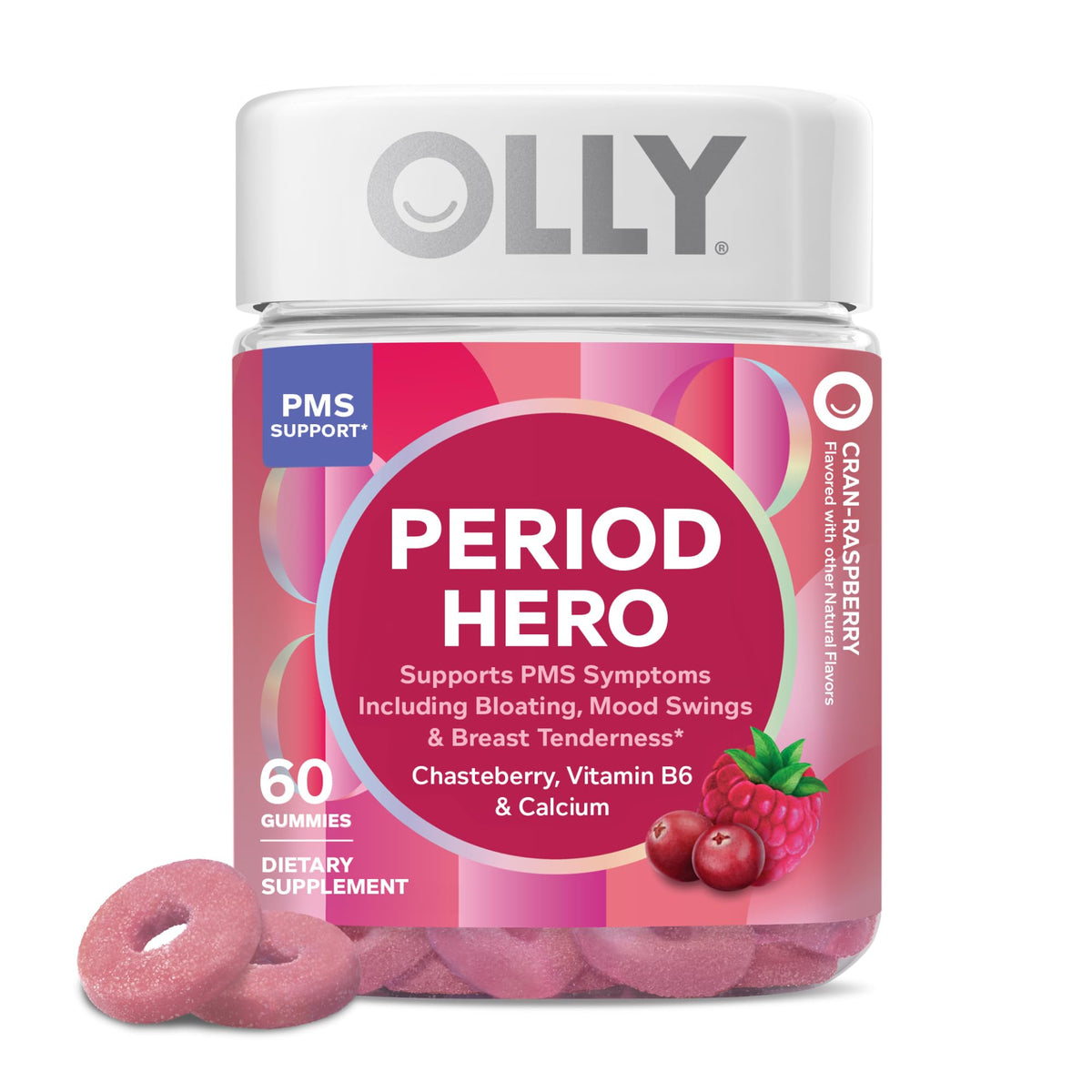 OLLY envase frontal mostrando diseño y sabor cran-raspberry, fácil identificación
