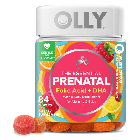 OLLY frasco frente mostrando etiqueta y beneficio prenatal
