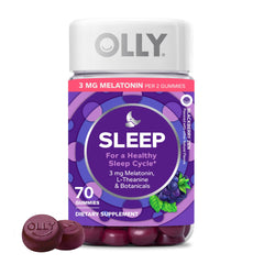 OLLY frasco frontal que muestra diseño y cantidad 70 gomitas, ideal para rutina nocturna