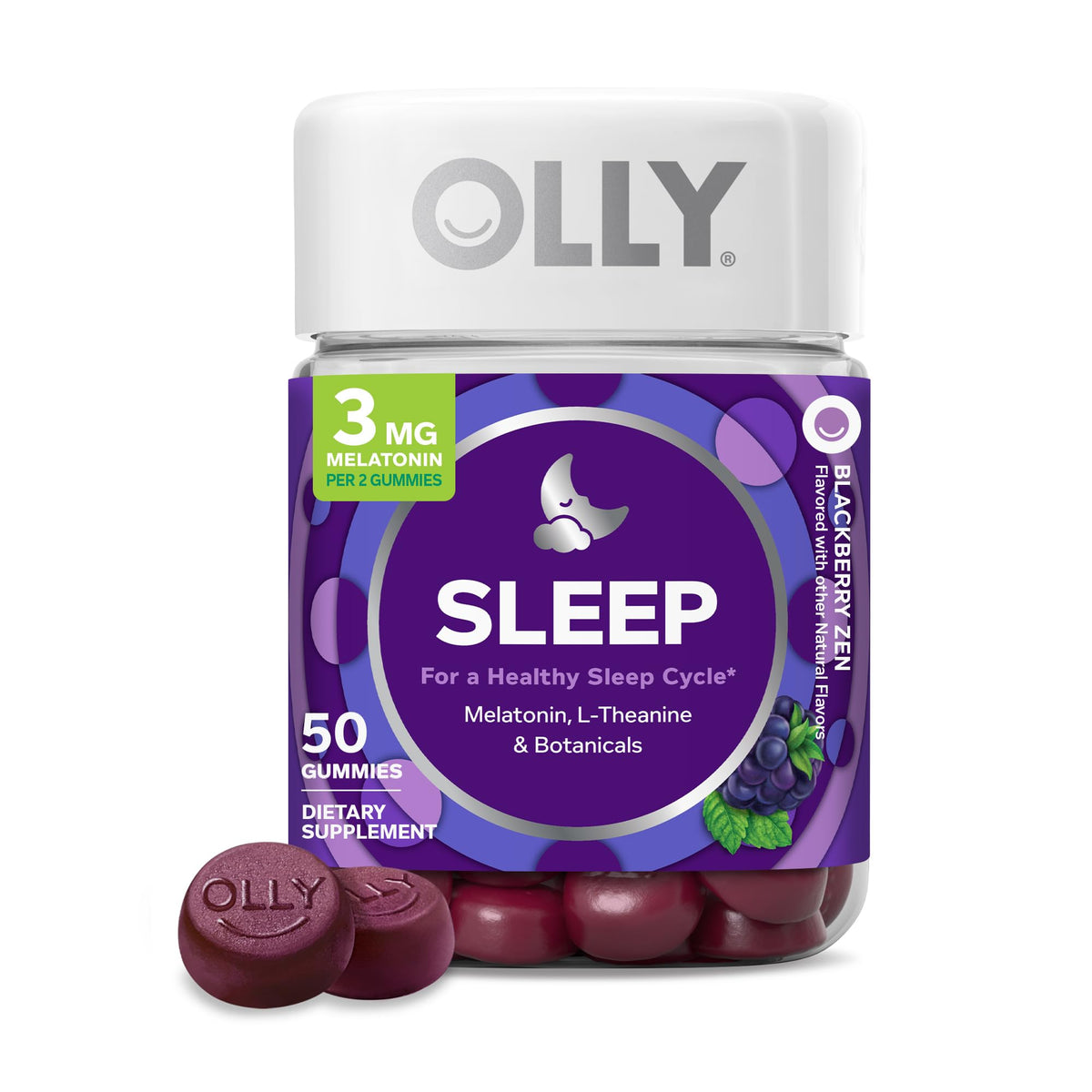 OLLY frasco delante mostrando etiqueta y beneficios para dormir