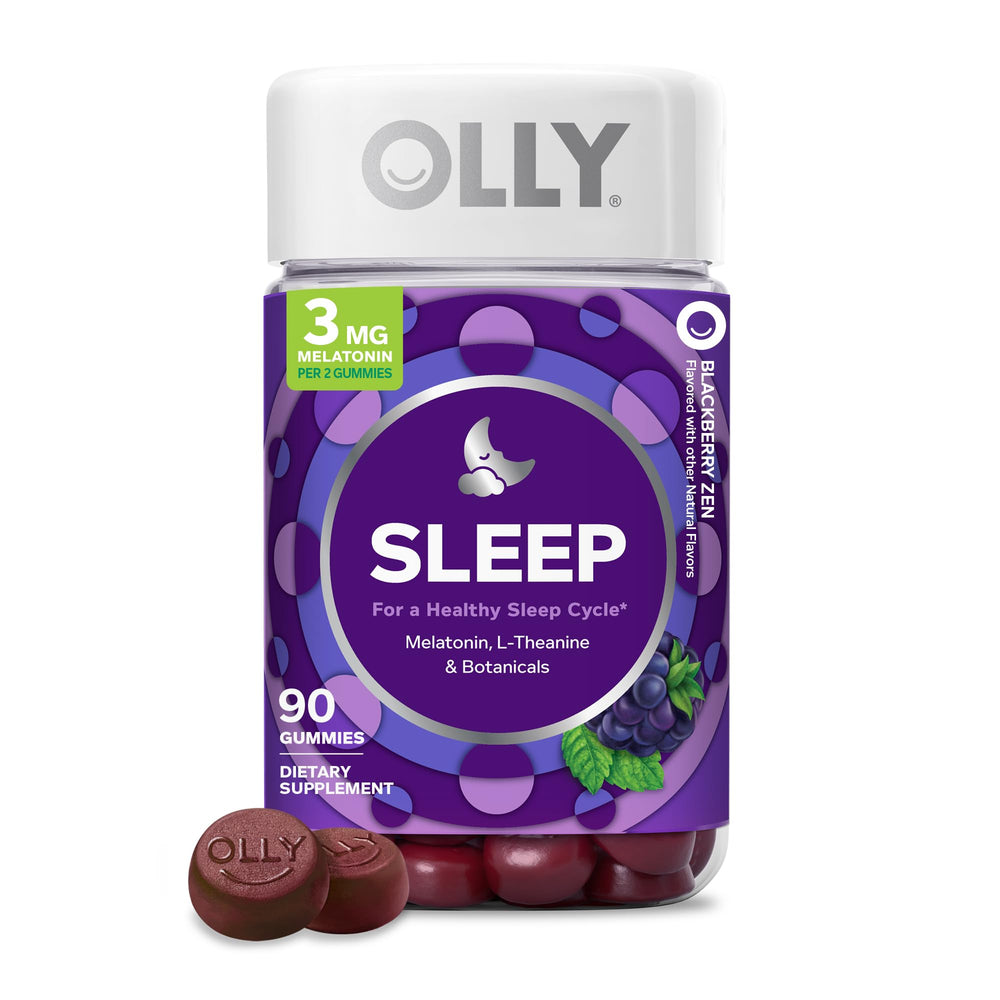 OLLY envase frontal de Sleep Support mostrando etiqueta y cantidad, práctico para rutina nocturna
