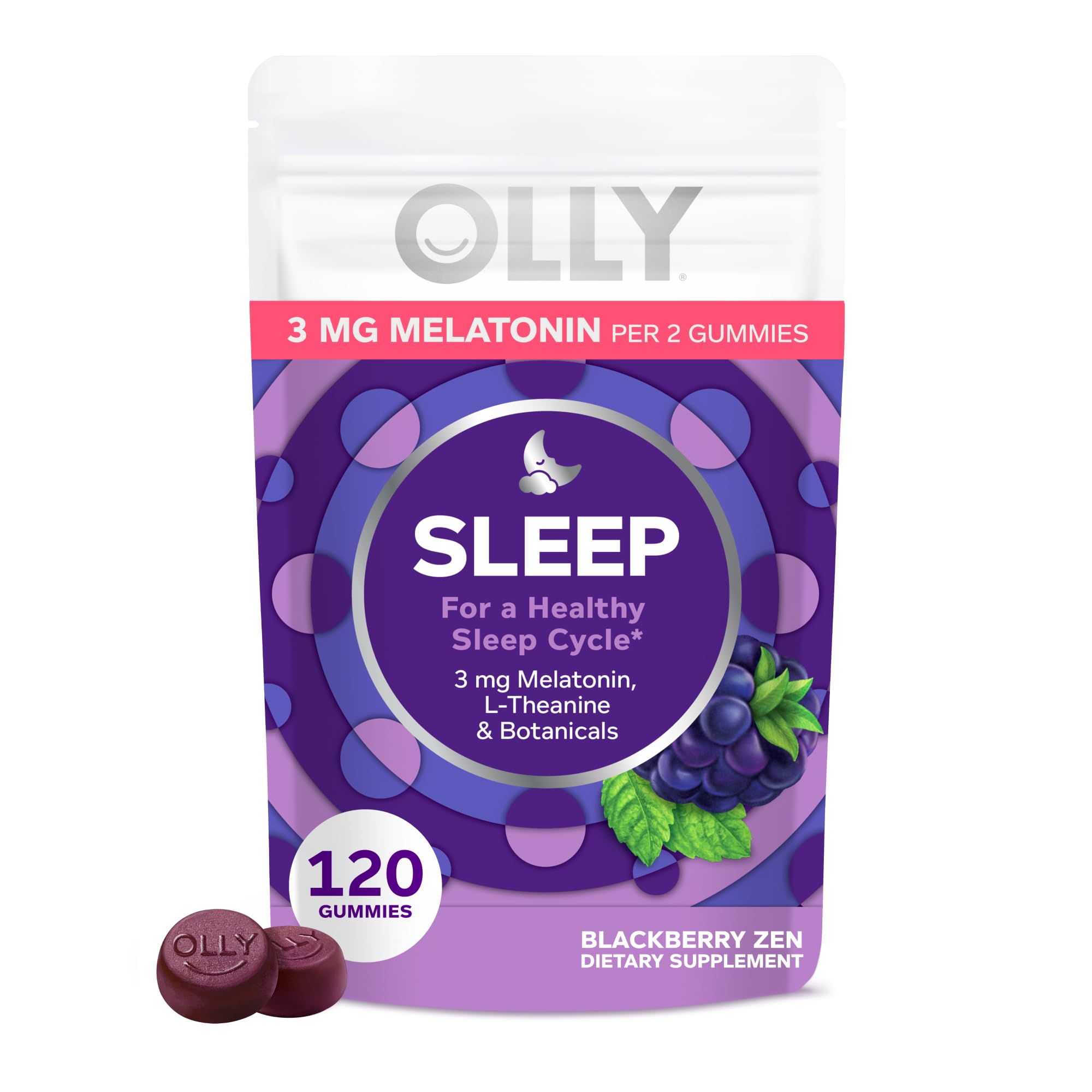 OLLY packaging frontal de la bolsa de 120 gomitas para sueño con beneficios visibles