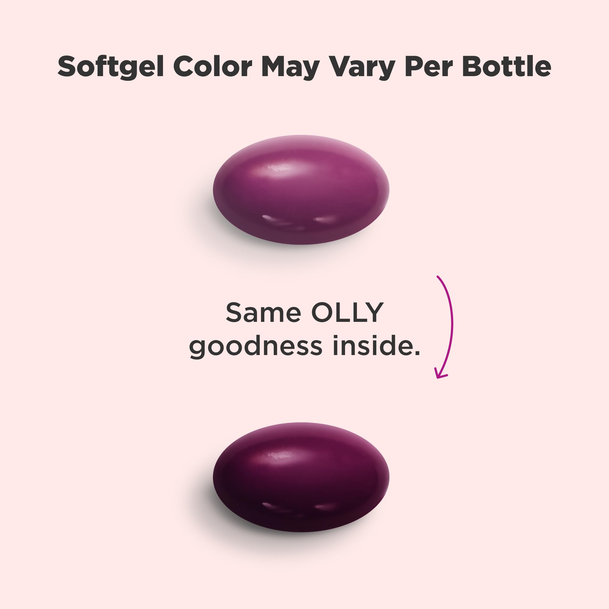OLLY primer plano de softgel que resalta suavidad y fácil ingestión