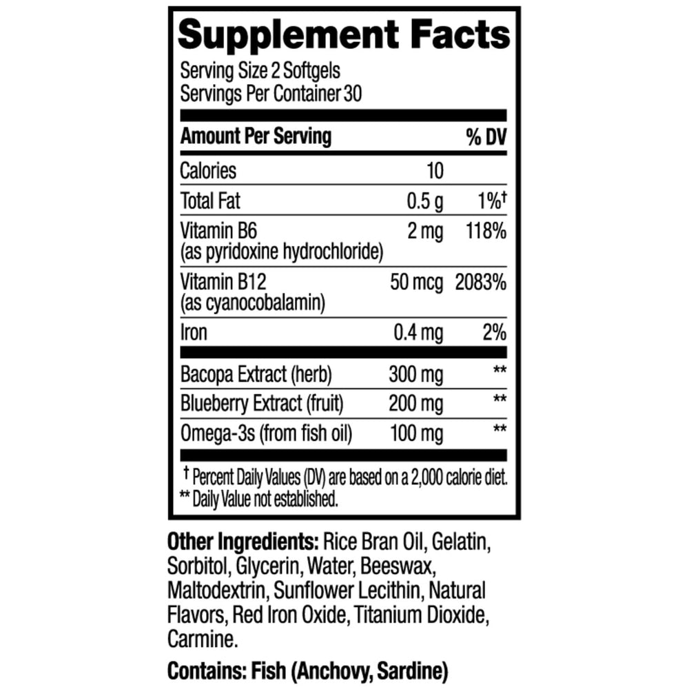 OLLY etiqueta con lista de ingredientes clave y vitaminas B visibles