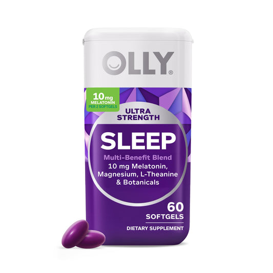 OLLY frasco frontal mostrando 60 softgels y beneficios nocturnos