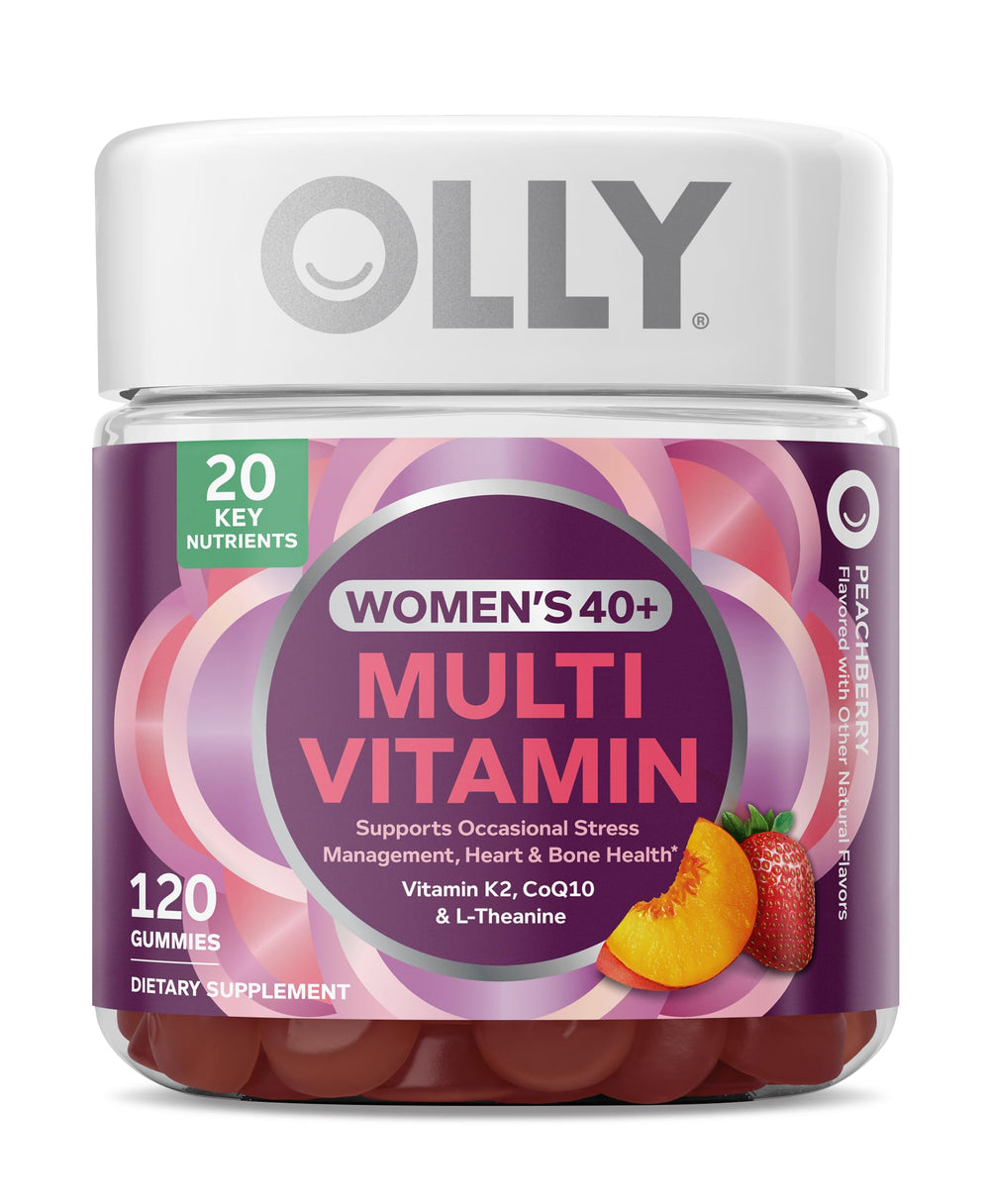 OLLY frasco frontal con etiqueta clara mostrando 120 gomitas y beneficios