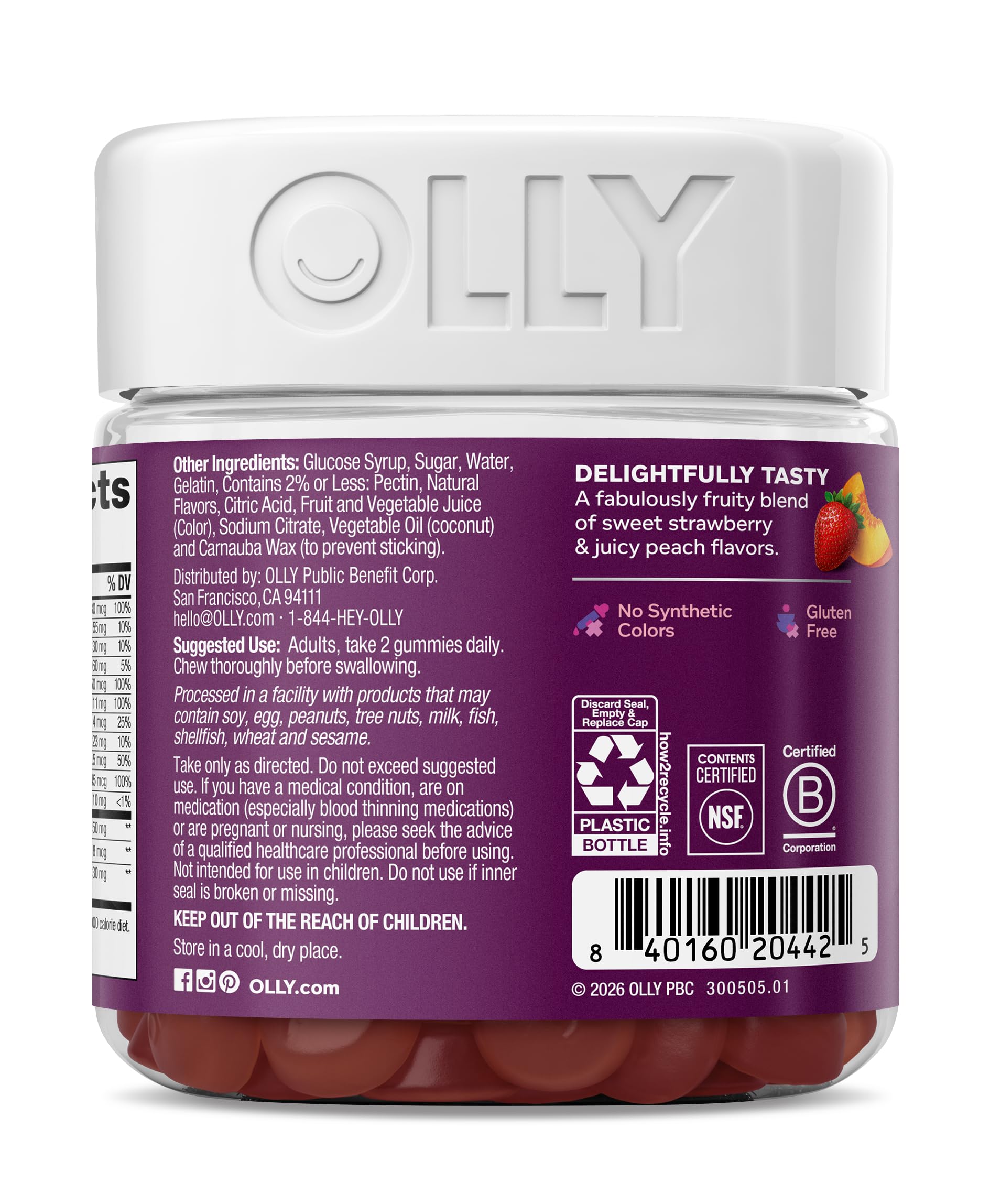 Ingredientes clave OLLY: CoQ10, vitamina K2 y L‑Teanina destacados visualmente
