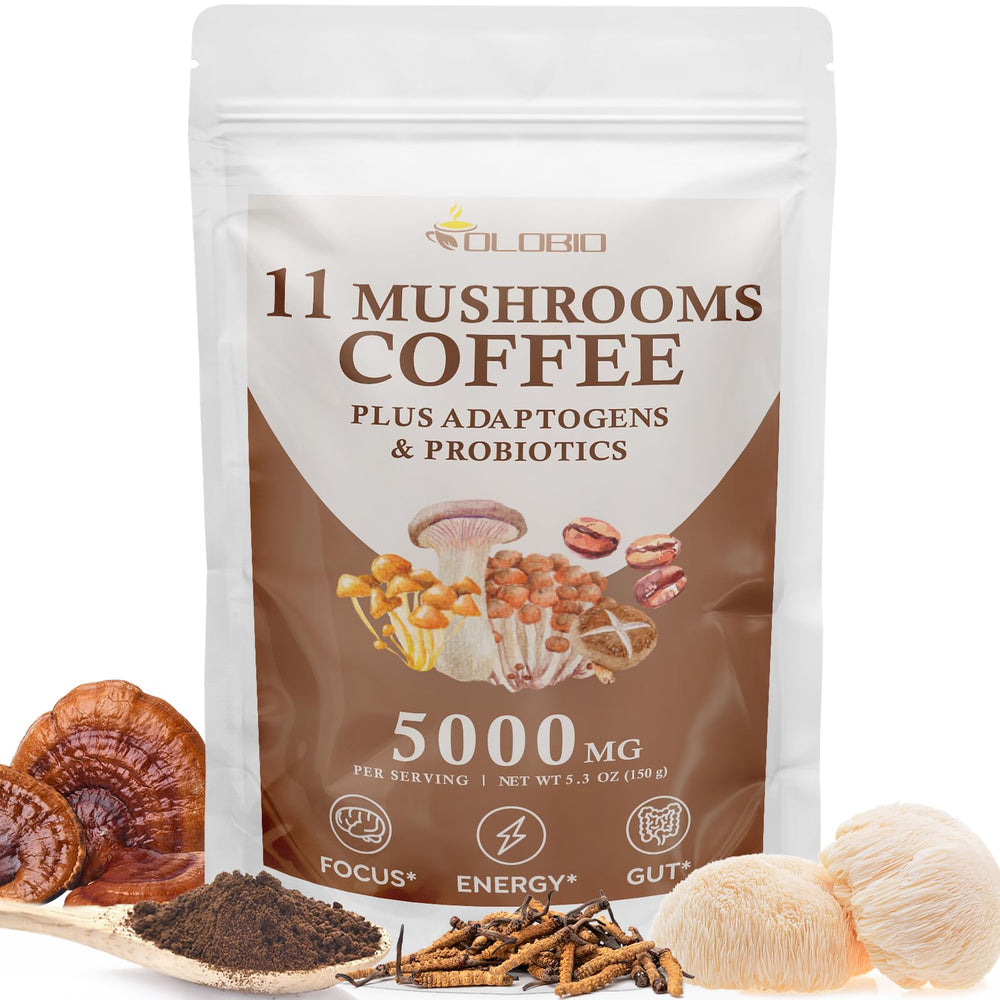 OLOBIO empaque frontal mostrando mezcla de 11 setas y café, conveniencia diaria