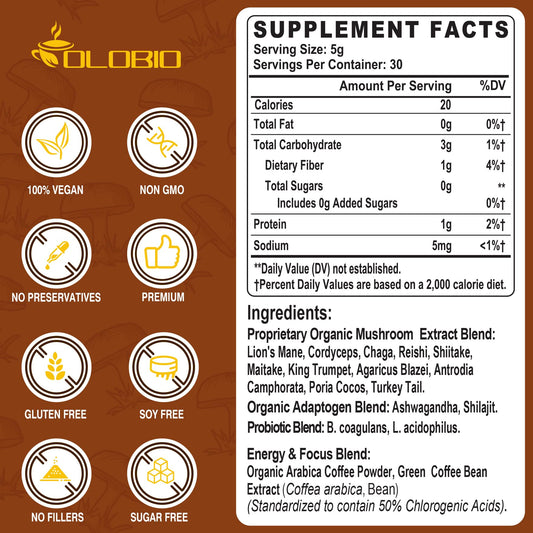 Polvo fino OLOBIO Mushroom Coffee en primer plano, disolución rápida y textura cremosa