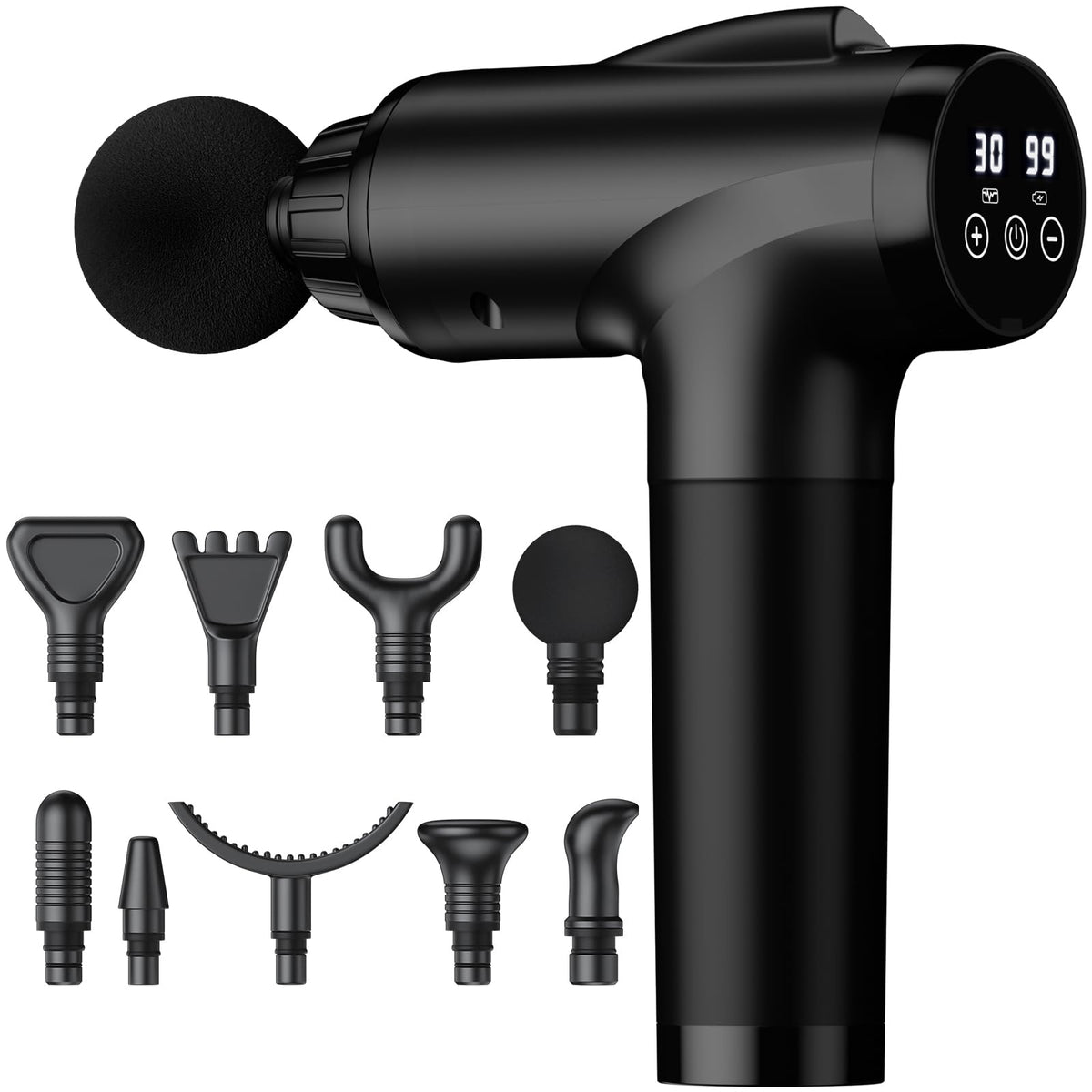 OLsky pistola de masaje frontal mostrando diseño ergonómico y agarre cómodo