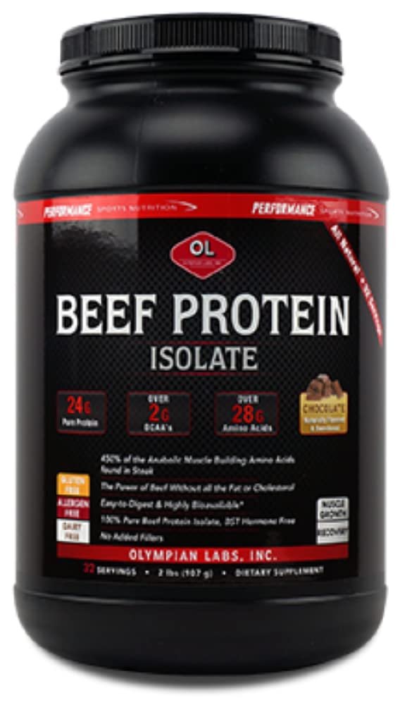 Olympian Labs frente del envase mostrando 24 g proteína y sabor chocolate