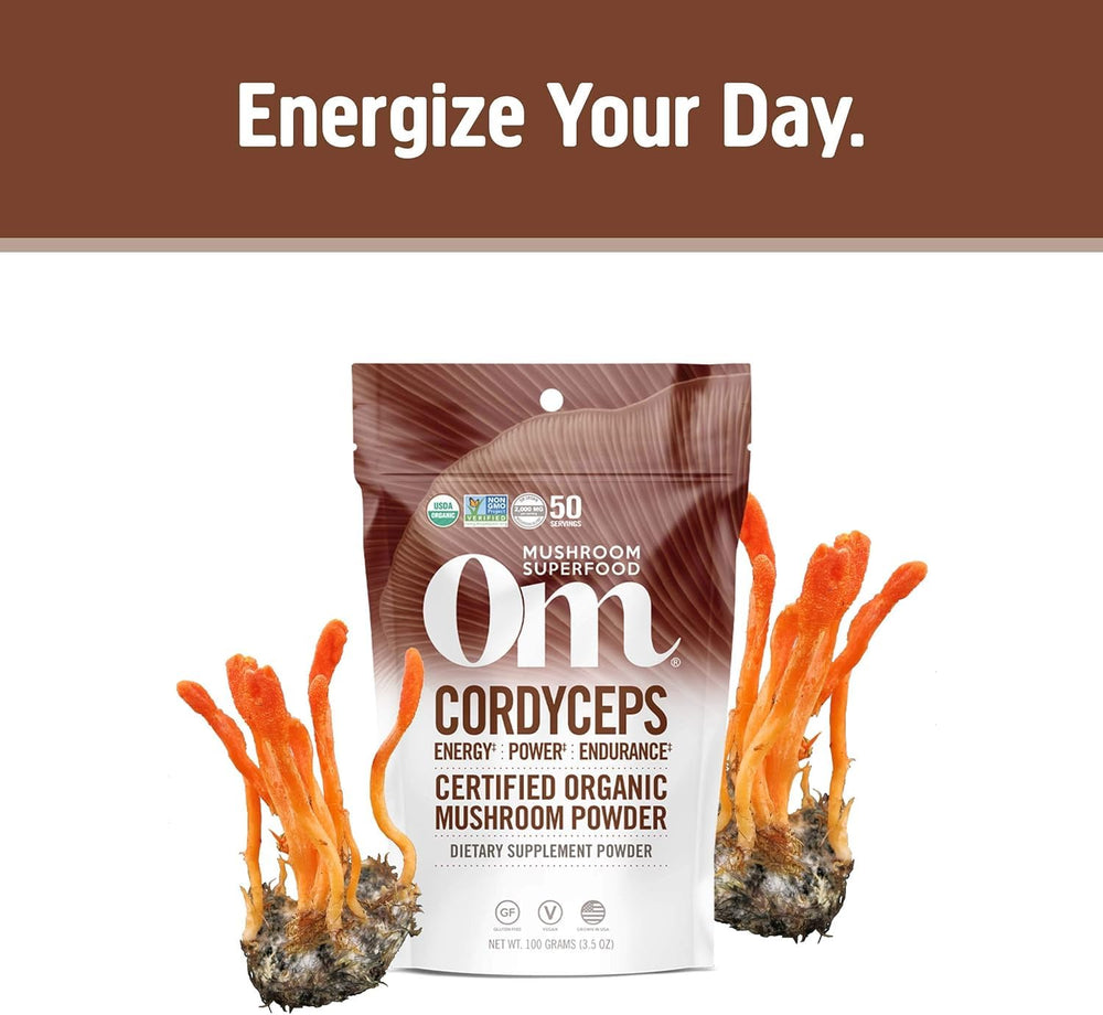 OM MUSHROOM polvo Cordyceps mezclado en smoothie para energía