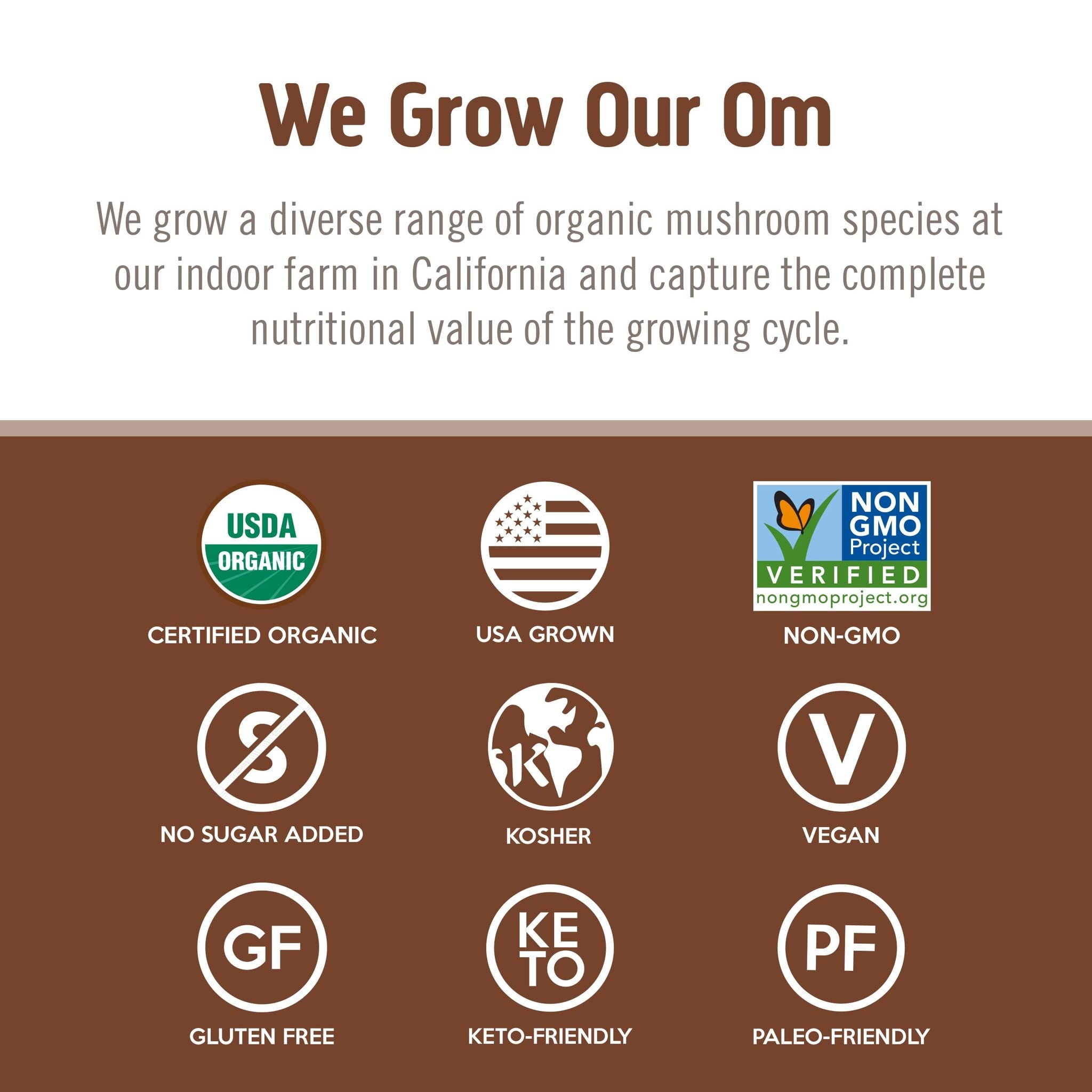 OM MUSHROOM etiqueta con certificaciones orgánicas visibles, garantiza calidad