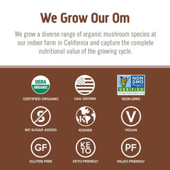 OM MUSHROOM etiqueta con certificaciones orgánicas visibles, garantiza calidad