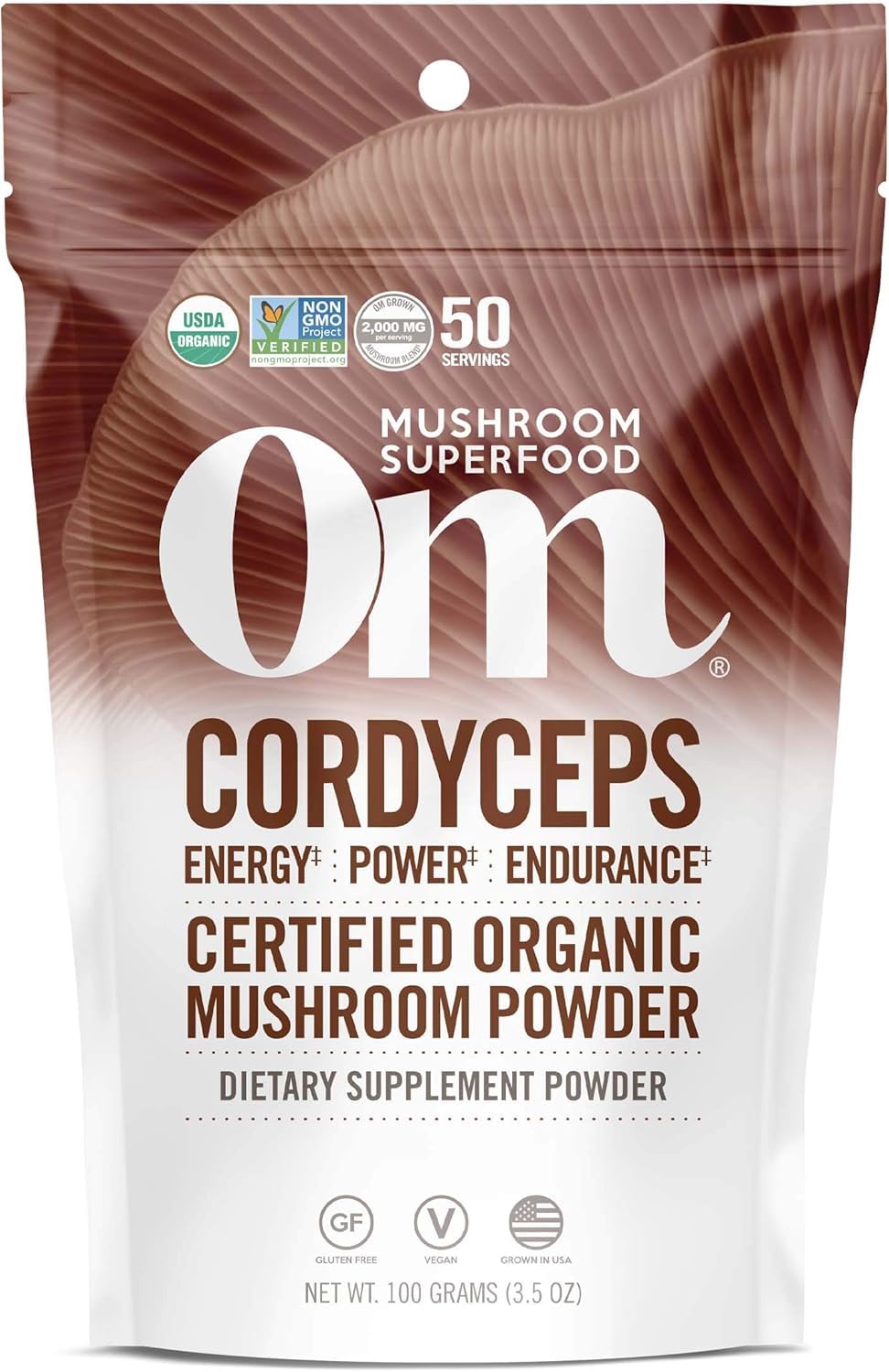 OM MUSHROOM envase frontal Cordyceps mostrando diseño y beneficios