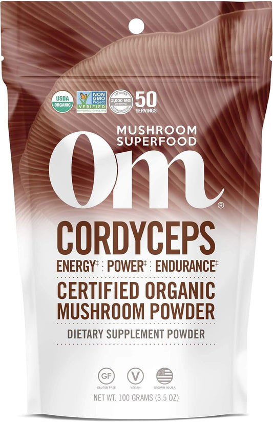 OM MUSHROOM envase frontal Cordyceps mostrando diseño y beneficios