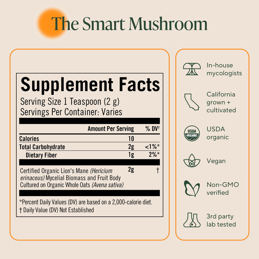 OM MUSHROOM SUPERFOOD comparación de tamaño del envase con mano, referencia de cantidad