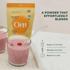 OM MUSHROOM SUPERFOOD etiqueta con información de 50 porciones y detalles