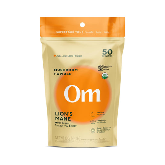 OM MUSHROOM SUPERFOOD envase frontal mostrando diseño y porciones