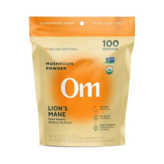 OM MUSHROOM SUPERFOOD presentación frontal del envase, identifica el producto fácilmente