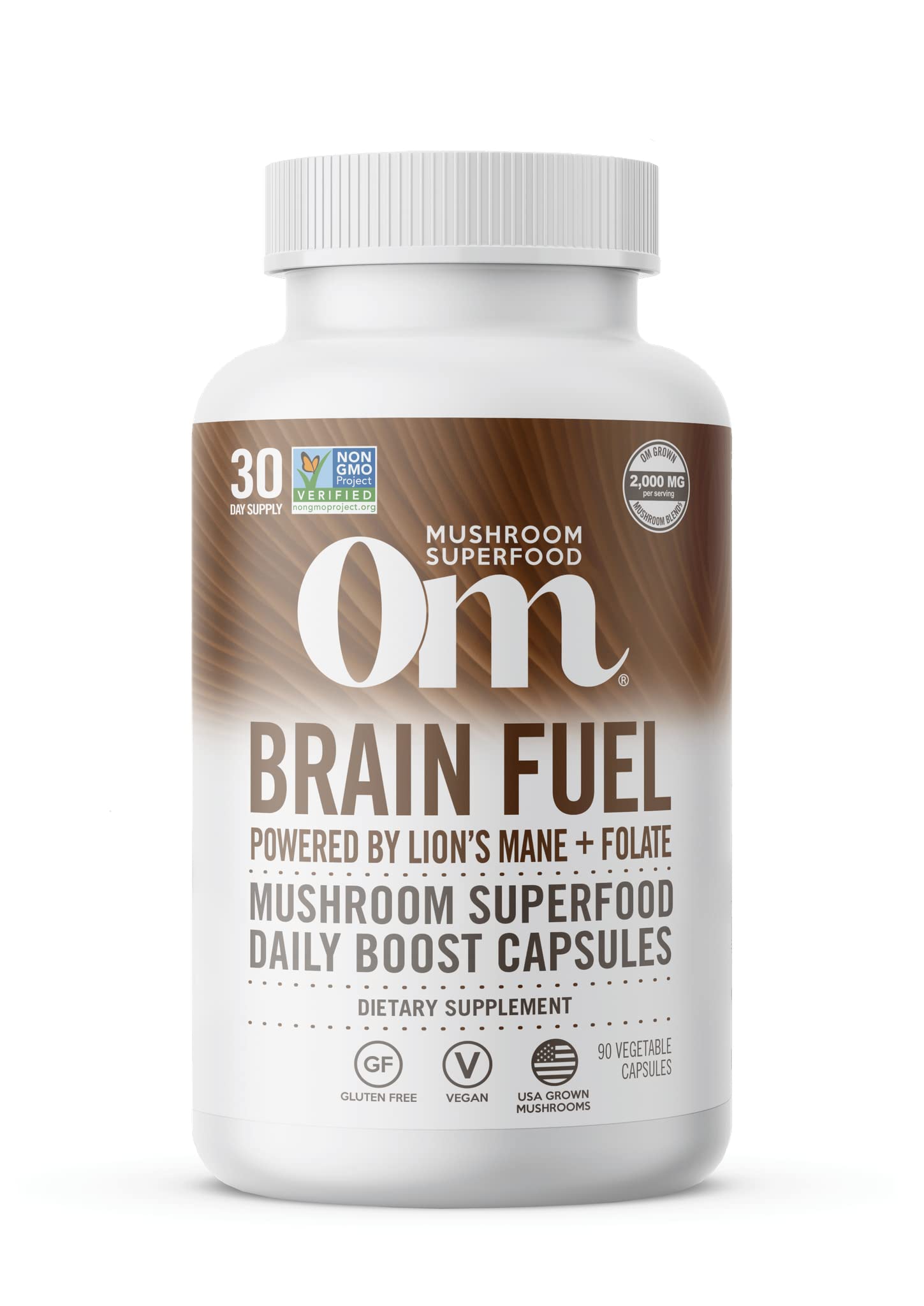 OM MUSHROOM SUPERFOOD frasco delantero mostrando 90 cápsulas y diseño claro