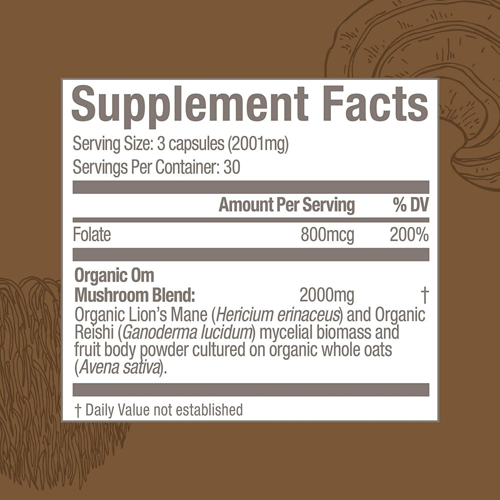 OM MUSHROOM SUPERFOOD frasco junto a una regla para comparar tamaño real