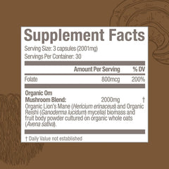 OM MUSHROOM SUPERFOOD frasco junto a una regla para comparar tamaño real