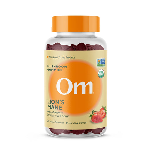 OM MUSHROOM SUPERFOOD envase frontal con gominolas de Lion’s Mane y beneficio de enfoque