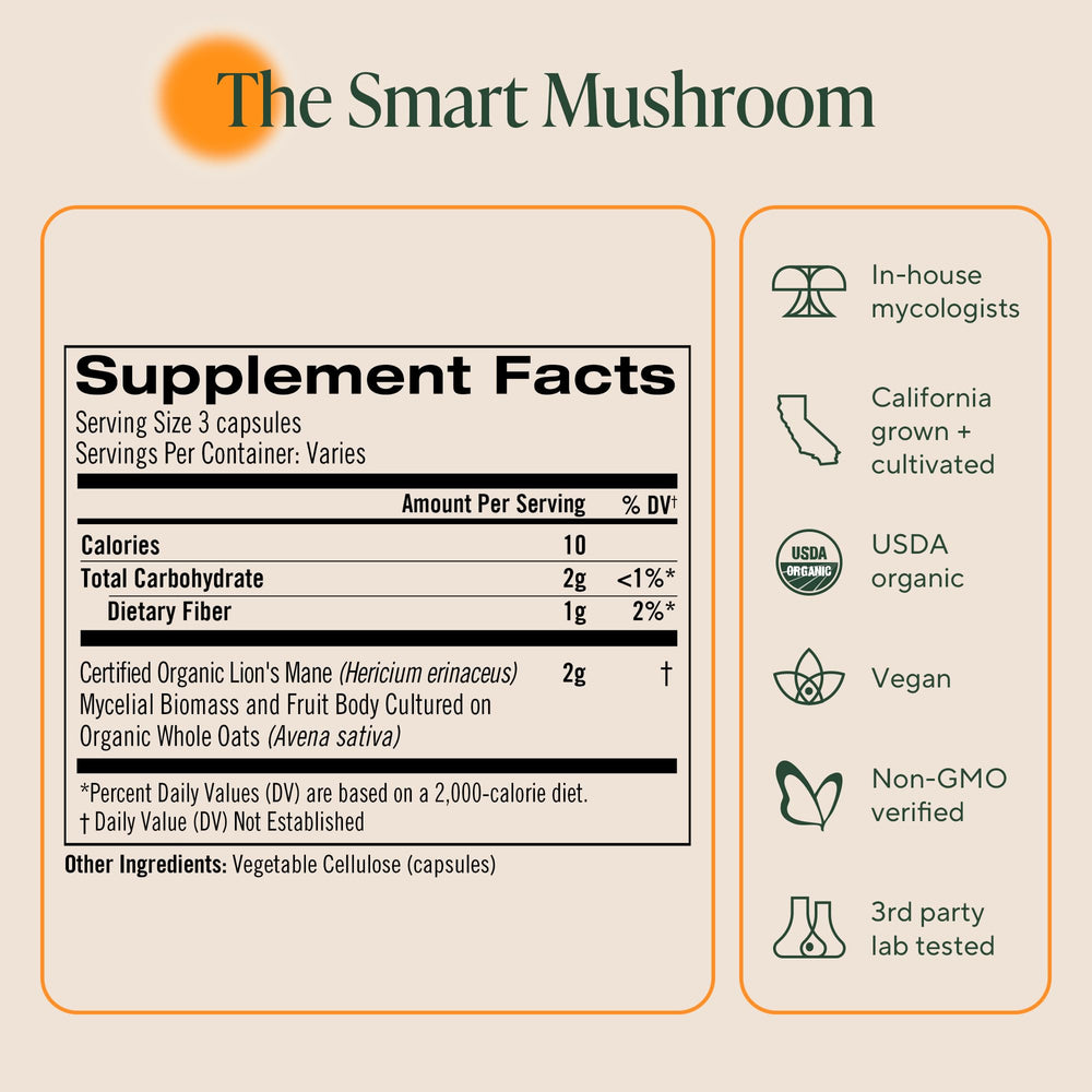 OM MUSHROOM SUPERFOOD etiqueta con lista de ingredientes para transparencia y confianza