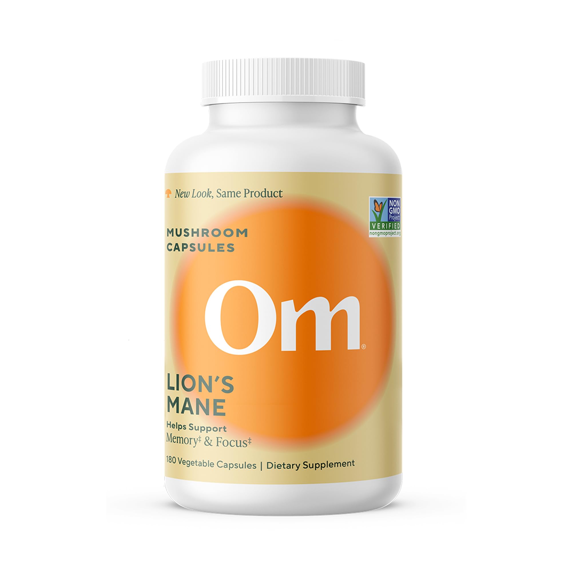 OM MUSHROOM SUPERFOOD envase frontal que muestra 180 cápsulas y beneficios prácticos